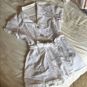 White Linen Button-Up Romper with tie